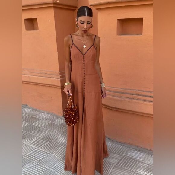 🏺Bohemian Rustic Brown Spaghetti Strap Button Down Detail Maxi Dress NWT - Picture 1 of 7